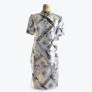 Vintage Louis Feraud Linen Suit 90s Designer palm Summer Blazer Pencil Skirt